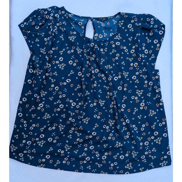 Paper Moon Womens Floral Short Sleeve Blouse Sz 2X Keyhole Blue Pleated - Picture 1 of 7